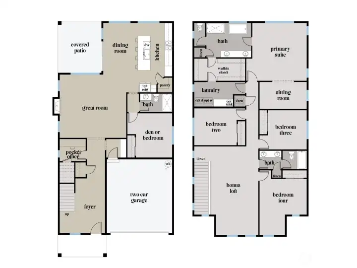 Floor Plan | Robinson  The Robinson plan offers a thoughtfully designed two-story layout with integrated main-level living and flexible upper-level spaces. The open concept kitchen, dining, and great room connect seamlessly to the covered patio, while a main level den or bedroom and signature pocket office enhance everyday functionality.    Upstairs, the primary suite features a connected sitting room and a unique pass-through design providing direct laundry access through the walk-in closet. A bonus loft and three additional bedrooms support adaptable living. Located in Bothell’s Canyon Park area, this contemporary new construction home is served by the Northshore School District.    These photos are from a past Robinson Plan at a different community, so overall plan, colors, building orientation, finishes, home outlook, and other details can and WILL vary. All photos, renderings, site maps, and floorplans are for visualization purposes only.
