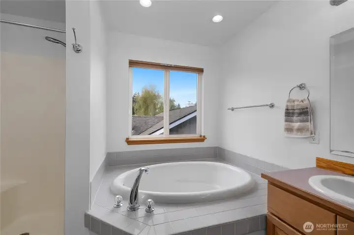 Primary bath with separate tub and shower