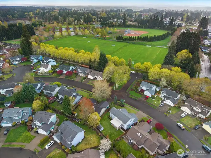 Aerial view of home and park