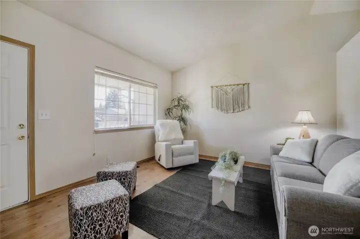 Living room with vaulted ceilings