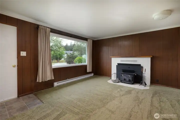 Cozy wood burning stove in living room