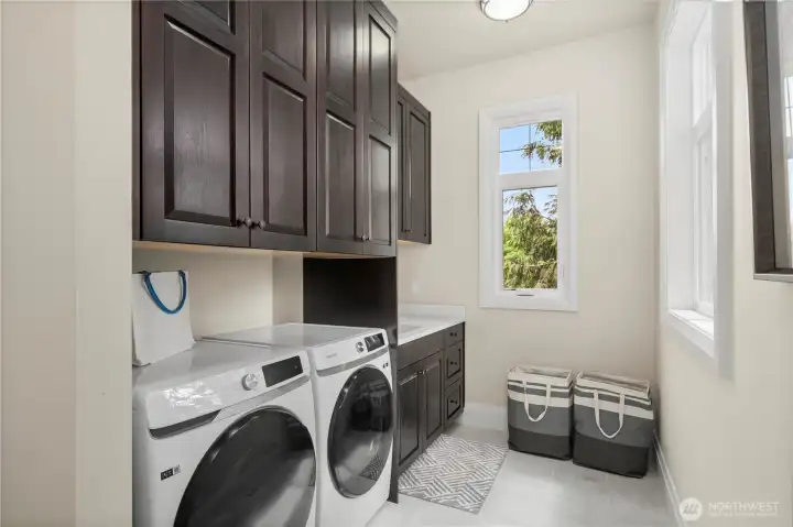 Functional main-level laundry room with sink and dedicated storage closet Functional main-level laundry room with sink and dedicated storage closet