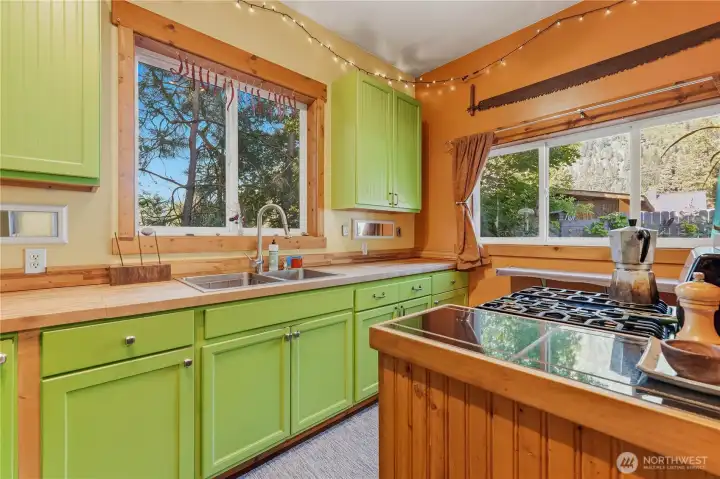 Island, cabinets, & sink in rear flex space.