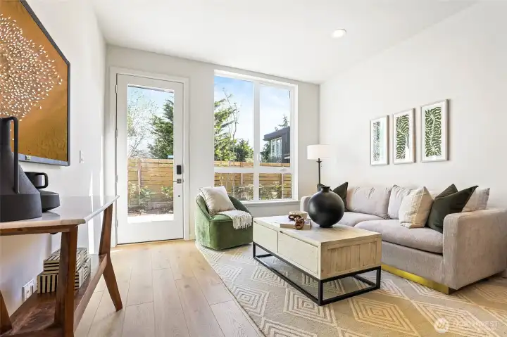 Photos of model home 9752 with similar finishes & floor plan. Floor-to-ceiling windows + private entry = the perfect indoor/outdoor feel and privacy blend.