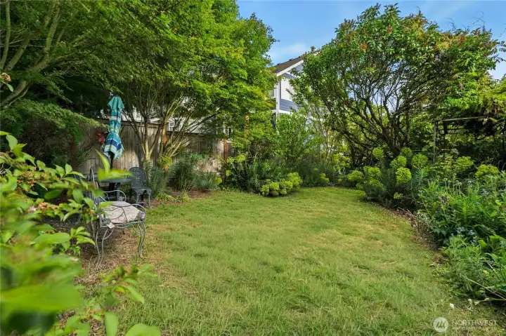 Perfect size, easy care, level private yard, full of leafy trees and mature Euphorbia.