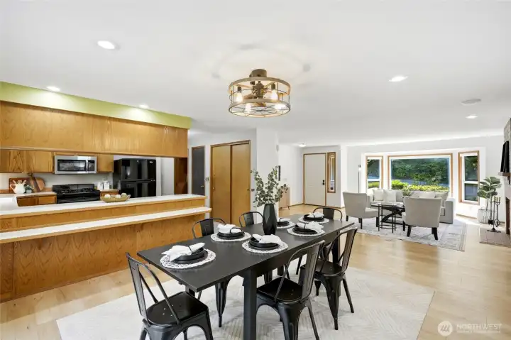 Open floor plan with spacious kitchen, dining room and living room. Open floor plan with spacious kitchen, dining room and living room.