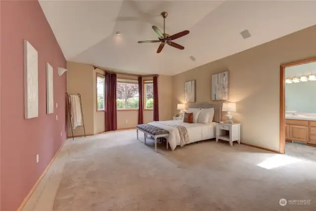 Large primary suite on the main floor with vaulted ceiling, ceiling fan, 5 piece bathroom & walk-in closet.