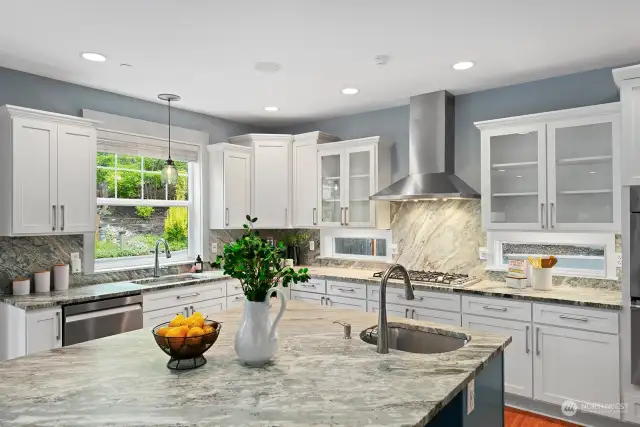 Updated kitchen with spectacular island, granite slab countertops and backsplash, stunning cabinets and high-end stainless appliances.