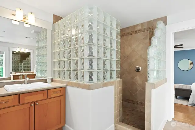 Luxury Primary walk-in shower and second sink.