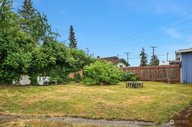 Completely fenced level spacious backyard