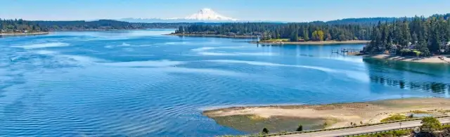 View of Mt. Rainer to the South from Fox Island bridge.  This spectacular view   never gets old.
