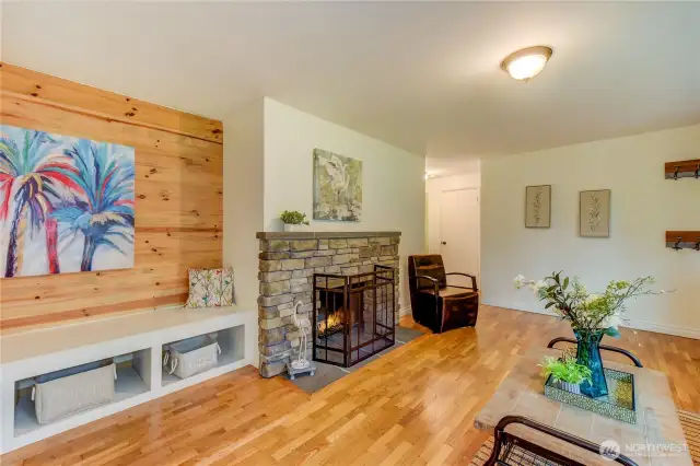Built-in bench with accent wall adds to the warmth and charm of the home.
