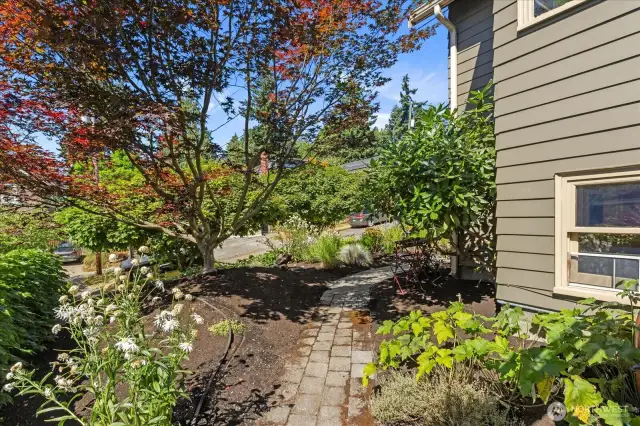 Walkway to the side of the home and entrance to lower level.