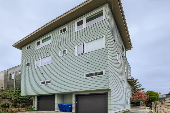 Rear of home and garage access.