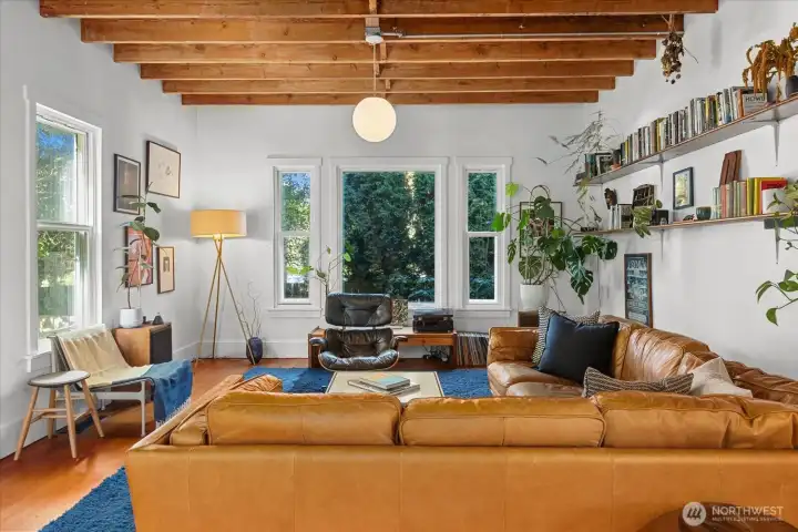 Exposed ceiling brings visual interest.