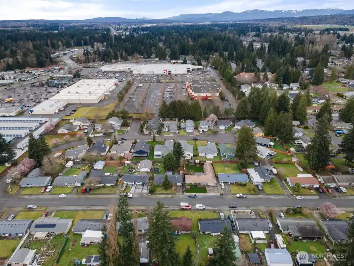 Aerial view highlights the home’s spacious lot and convenient Marysville location near Tulalip amenities, shopping, dining, and commuter routes.