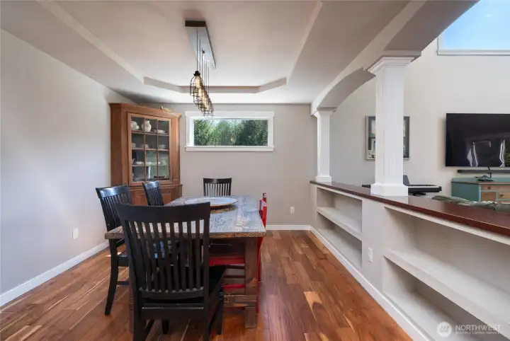 dining room with built in shelves