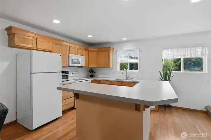 Island with breakfast bar.