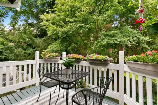 Balcony adjacent to the dining backs onto private wooded area.