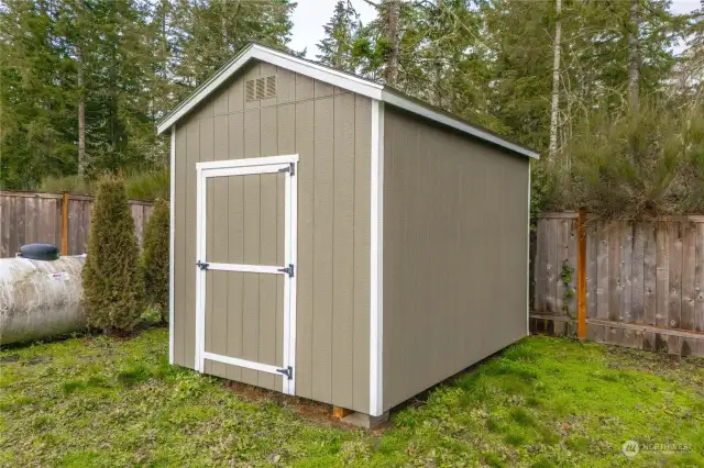 Convenient storage shed in backyard.