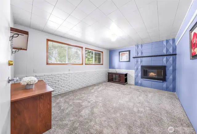 Lower level Family Room with wood-burning fireplace