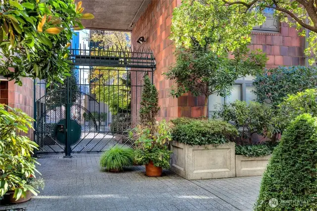 The garden gate at Virginia street provides residents with exclusive access to The Market.