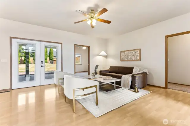 The great room leads out to the huge covered patio which opens up to the enormous 1-acre yard complete with privacy, tree lined boundaries and room for your dreams such as a garden, forts, pool, play areas...your imagination can be free with all of this space!