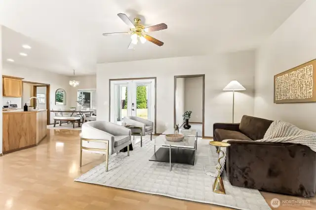 View from the den/office/flex space into the great room towards the kitchen and diniing areas. All open so you can always feel a sense of togetherness in this useful layout. All wheelchair accessible and ADA compliant throughout the home