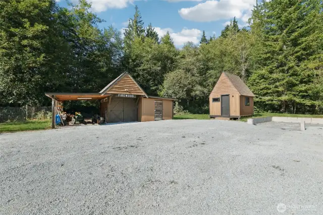 The outbuilding with the "firewood" sign is connected to power. The other smaller outbuilding is ready to be powered.
