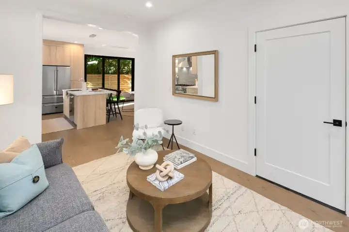 View from the living room into the kitchen/dining area.