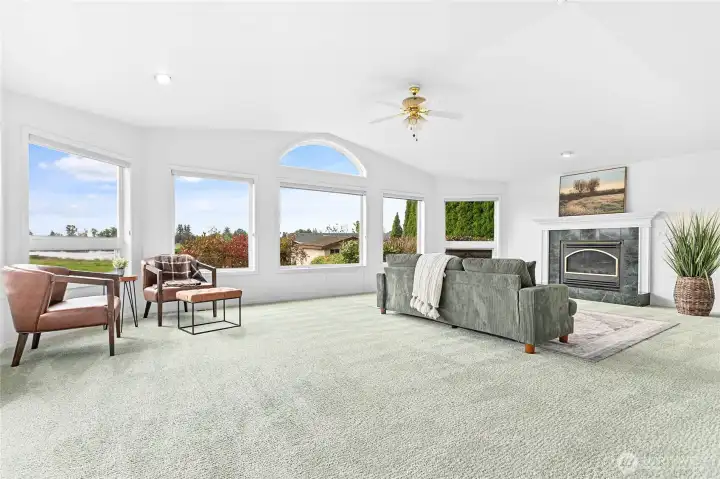 The Family room has vaulted ceiling and a gas fireplace.