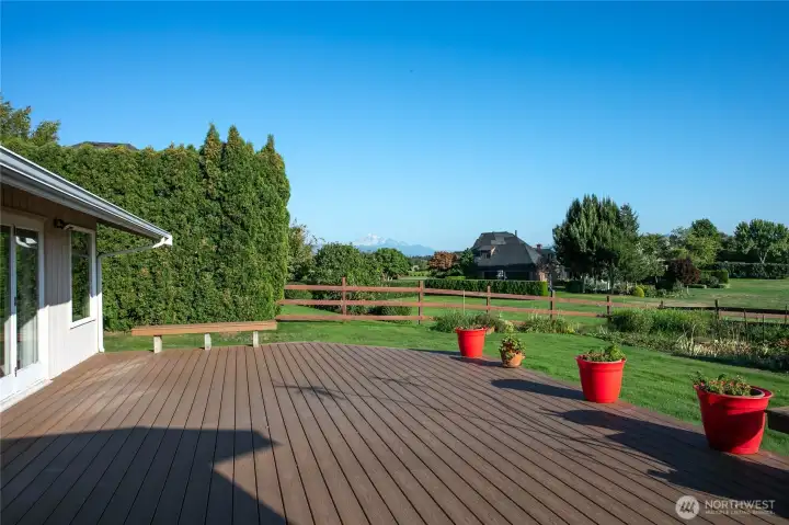 The large back deck with a view of Mt. Baker is great for outdoor entertaining.