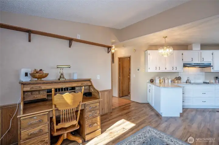 Easy-care laminate floors  meander through the main living spaces.