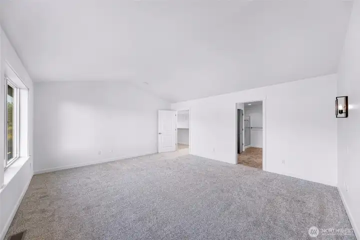 Primary suite with vaulted ceilings and new carpet