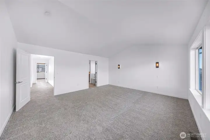 Primary suite with vaulted ceilings and new carpet