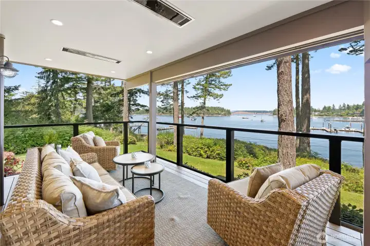 Covered, heated deck on the water side