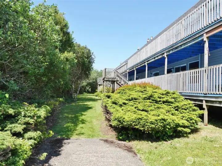 Ocean Surf building's privately situated backyard with mature landscaping.