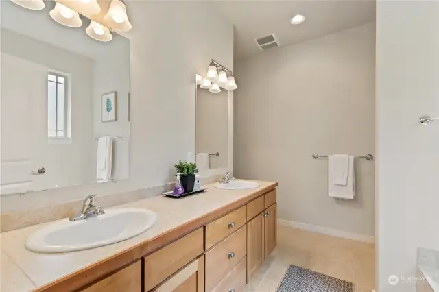 Dual sinks, shower and soaking tub