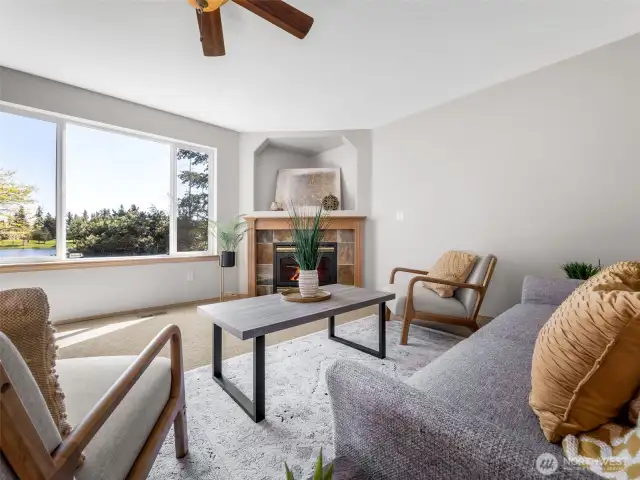 Check out this view from the living room from these over-sized windows. You can sit and see the lake AND the mountain!