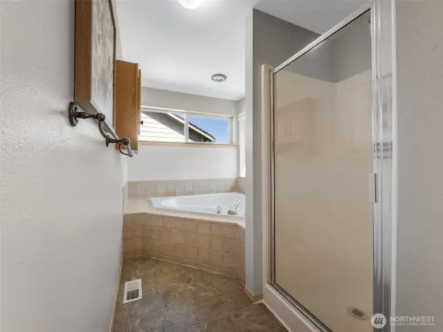 On the other side of the primary vanity is the stand alone shower, and soaking tub.
