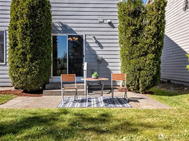 Moving outside, here's a view of the patio, just off the slider. Even though there is not a fence shown here, you can definitely fence this yard.
