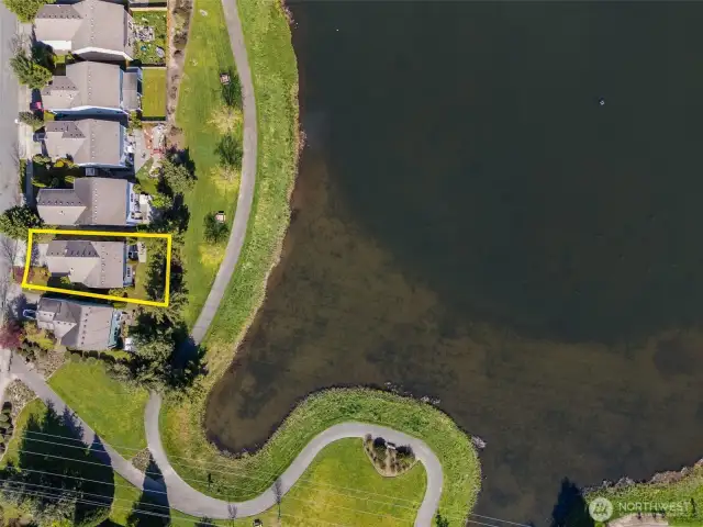 Overhead view of the house and the lake and some of the trail system.