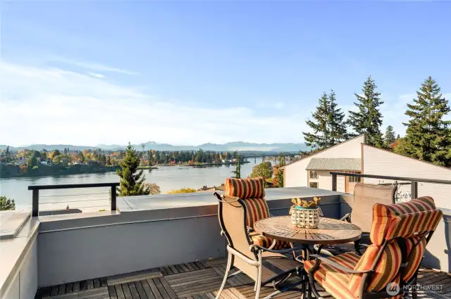 You can't beat this rooftop deck view. towards the Olympic Mountains..