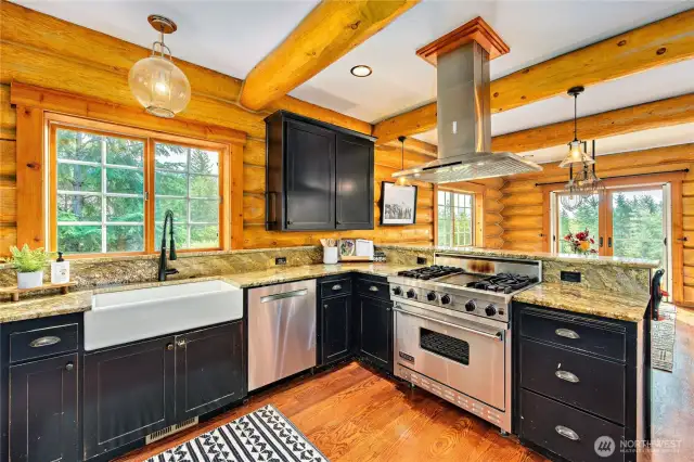 Viking range, kohler farm sink & custom light fixtures evoke charm.
