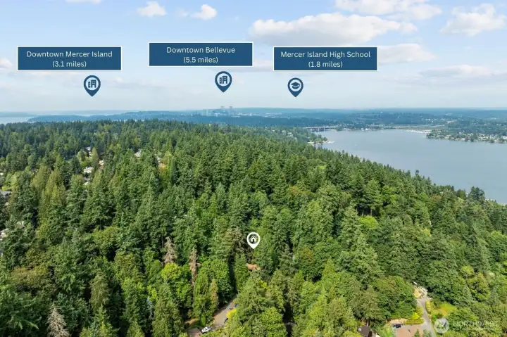 Looking north, the home is ideally located near Mercer Island High School, Downtown Mercer Island, and the vibrant heart of Downtown Bellevue.