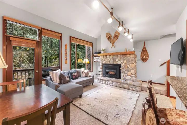 The entire space embodies the PNW style with warm woods and other natural accents