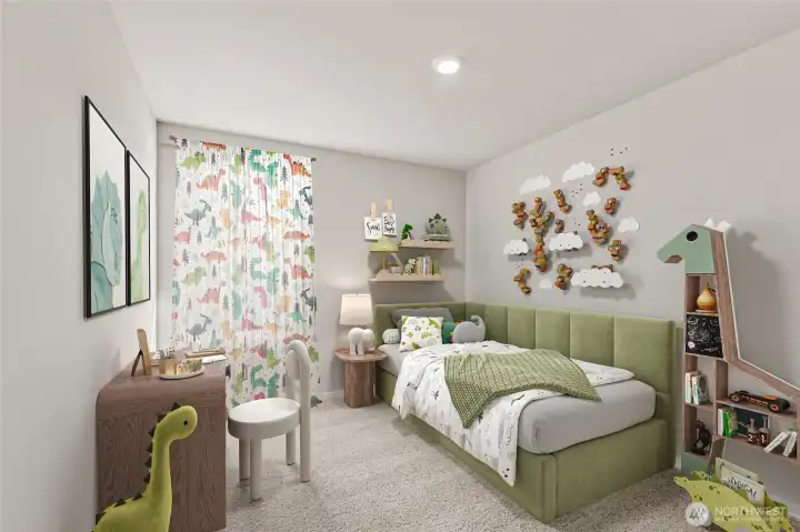 Bedroom for guests and children. Photo is representational. Actual home is under construction. Colors, materials, and features may vary. See site agent for details.