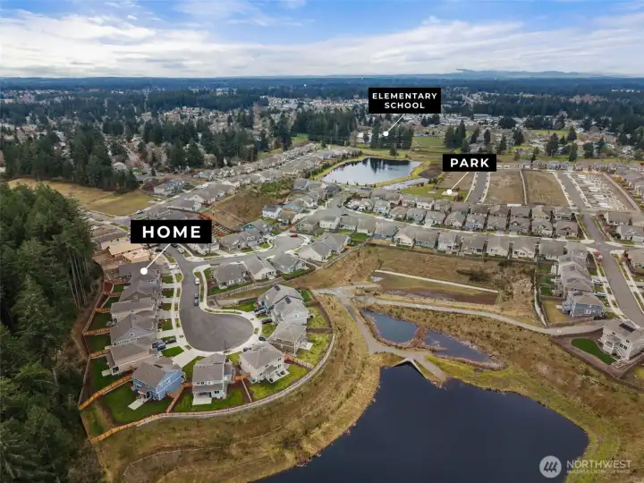 Aerial view of the home, community park and elementary school.