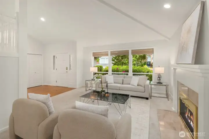 The gas fireplace adds a nice cozy touch and makes this room feel coxy, in spite of its size and grandeur