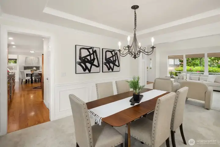 The dining room, adjacent to the kitchen, makes for easy entertaining